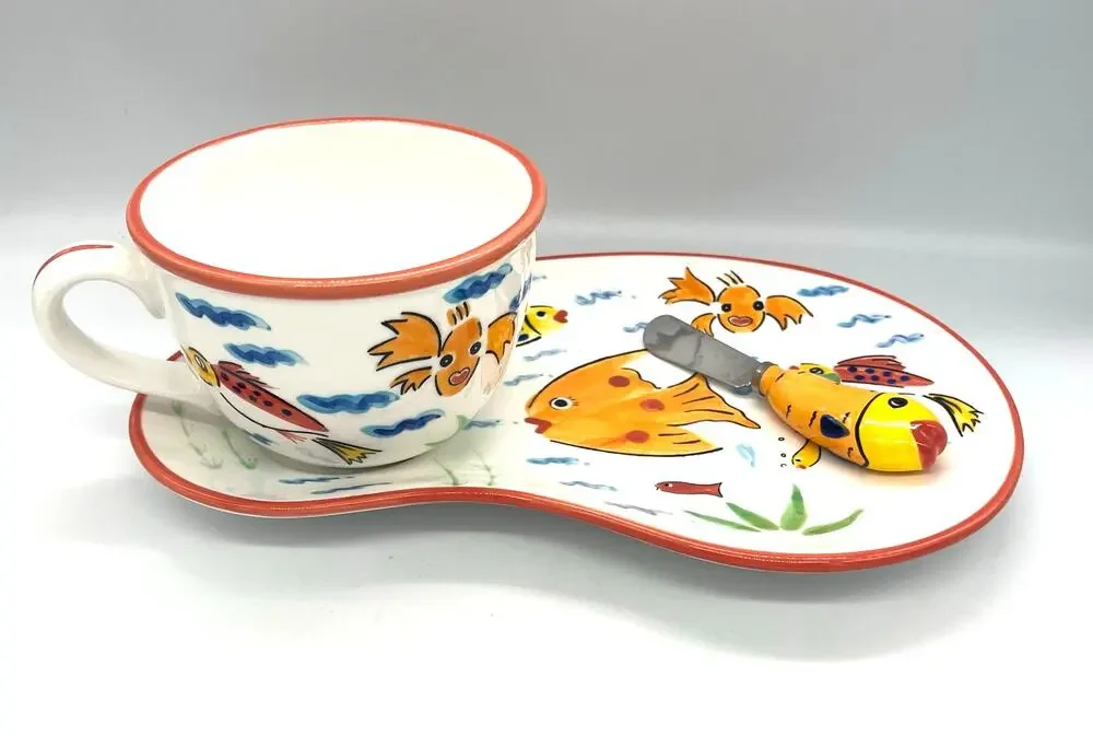 Les Tropiques Strata Snack Plate & Cup & Spreader Set Hand Painted Tropical Fish